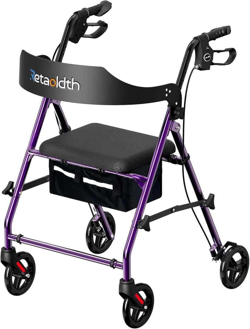 Foldable Rollator Walker with Seat for Seniors, All-Terrain Wheels, 350lb Capacity, Reinforced Inner Metal Rod for Easy Folding & One-Hand Carry, Lightweight Rolling Walker - Purple