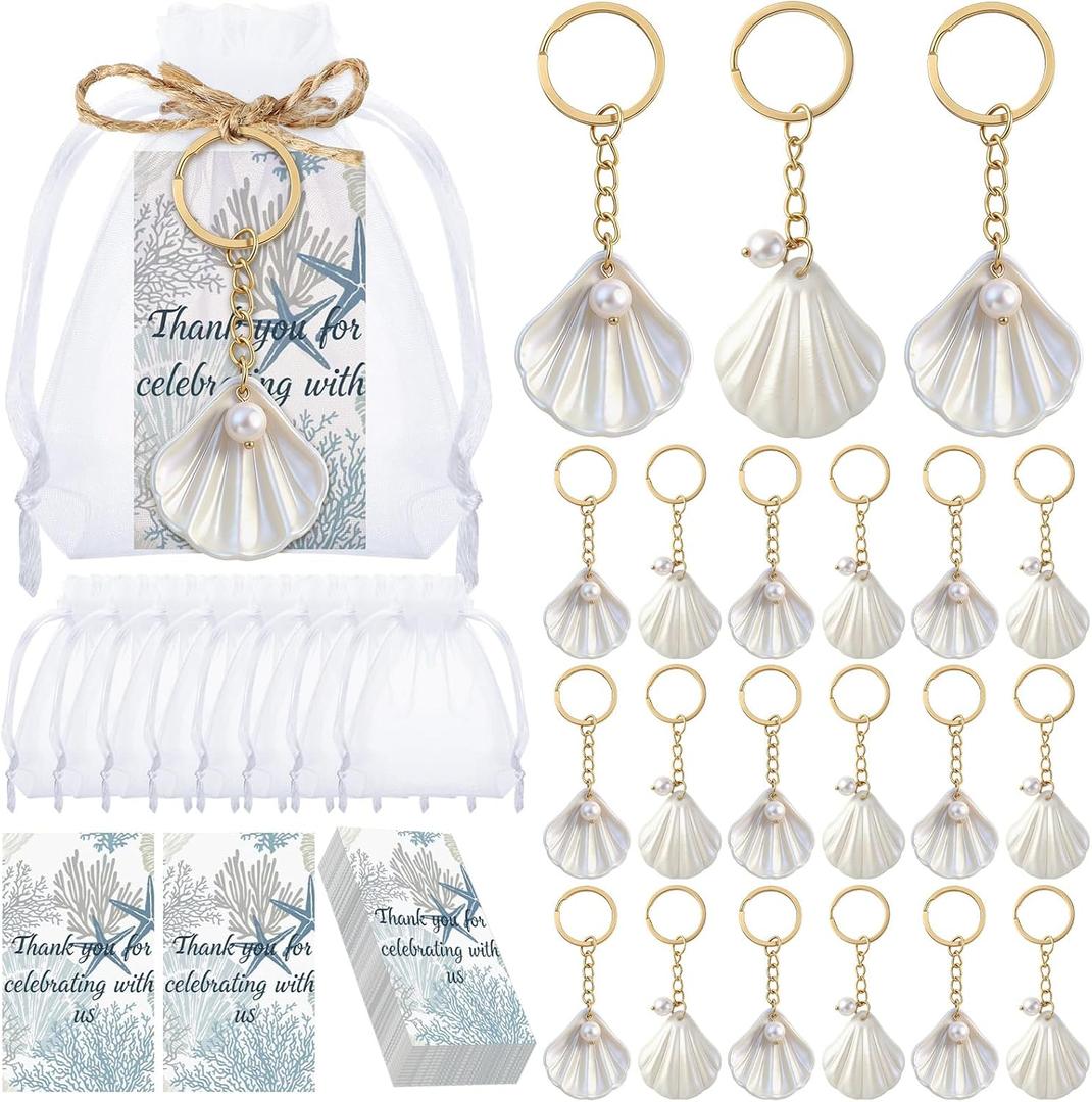 Equsion 24 Sets Seashell Keychain Beach Party Favor Last Toast on The Coast Party Bulk Gift Beach Shell Charm and Pearl Gift with Organza Bag for Nautical Wedding Baby Shower Bridal Shower (White)