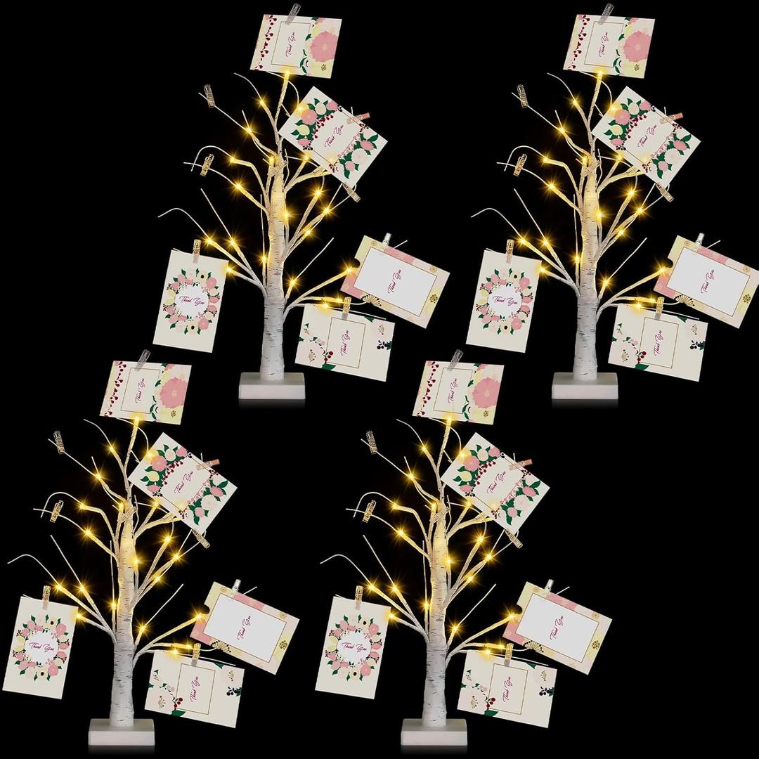 Retisee 4 Pieces Money Tree Gift Card Holder with 12 Clips & 24 LED Lighted Tips 2 FT White Birch Money Tree for Cash Memo Photo Picture Tabletop Display Christmas Birthday Party Wedding Gifts