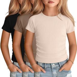 3 Pack Girls Short Sleeve Cute Shirts | Ribbed Knit, Crew Neck, Slim Fit, Summer, Basic, Soft, School Outfit, Trendy, Ages 5-14, Solid Colors, Versatile Styling