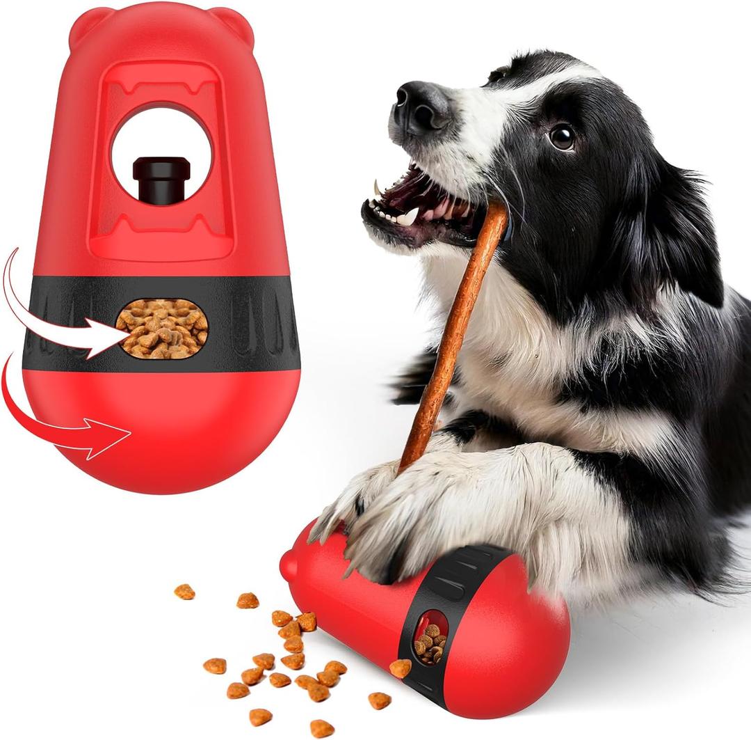 BABORUI 2 in 1 Dog Treat Toy, Bully Stick Holder & Interactive Treat Dispensing Toys to Keep Them Busy, Adjustable Dog Chew Bones Holder Puzzle Feeder for Puppy/Small/Medium/Large Dogs (Red)