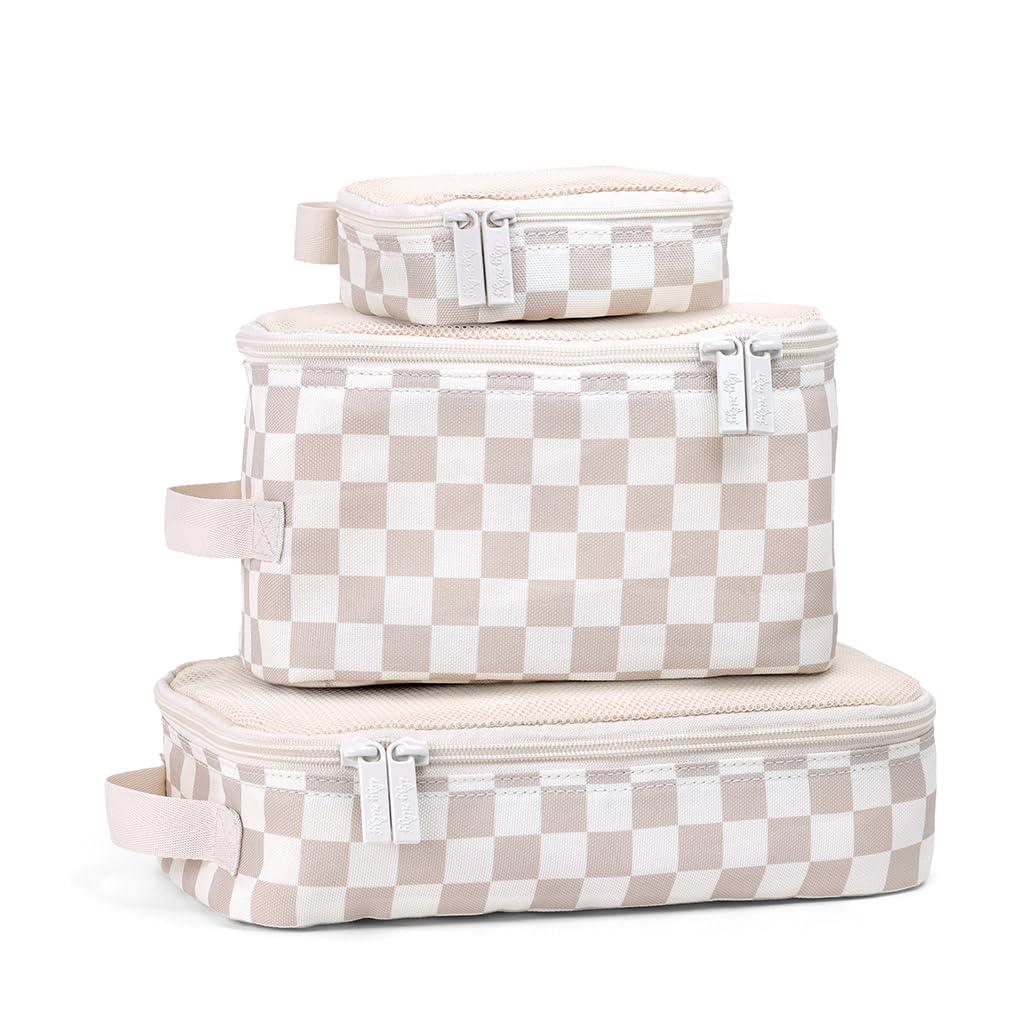 Itzy Ritzy Packing Cubes for Travel Set of 3 Packing Cubes or Travel Organizers Each Cube Features a Mesh Top, Double Zippers and a Fabric Handle (Checkerboard)