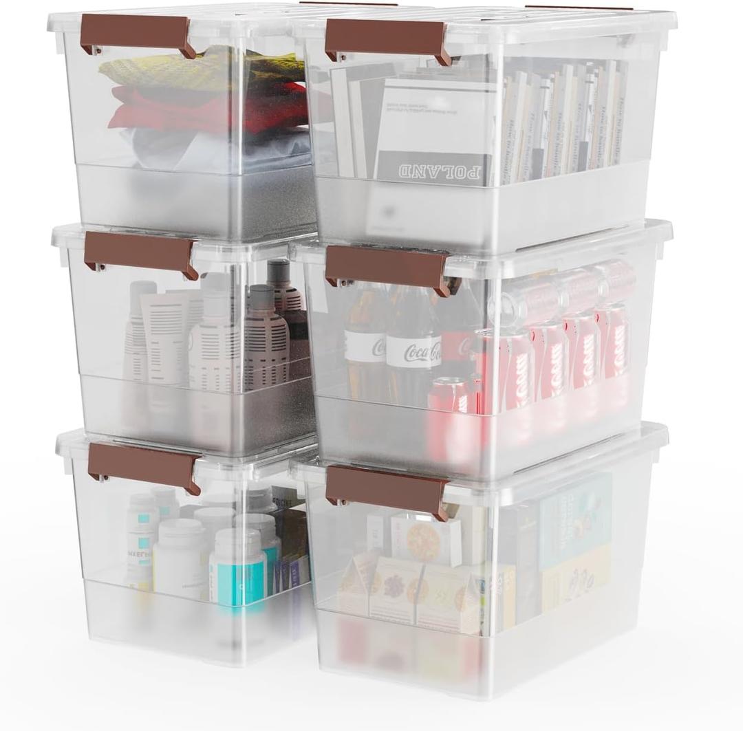 WYT 6 Pack 17qt Clear Plastic Storage Bin with Lid and Latching Buckles, Stackable Tote Organizing Box with Handle