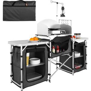 VEVOR Camping Kitchen Table, Folding Outdoor Cooking Table with Storage Carrying Bag, Aluminum Cook Station 3 Cupboard & Detachable Windscreen, Quick Set-up for Picnics, BBQ, RV Traveling, Black