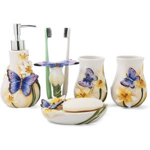 Ceramic Bathroom Accessory Set Dancing Butterfly Ceramic 5 Pieces Set,Including Toothbrush Holders,2 Gargle Tooth-Brushing Cups,Soap Dishes,Soap & Lotion Dispenser