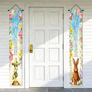 Nuxovilar Easter Door Banners He is Risen Cross and Bunny Banner Polyester 12x70.86in Easter Banners for Outside Banner Decor for Home Porch Church