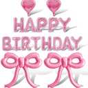 Pink Bow Balloons Pink Happy Birthday Balloons Banner Heart Foil Balloon for Bow Themed Party Decor Supplies Bachelorette Birthday Decoration Ballons Arch Kits Party Balloon Set 17pcs
