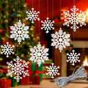 Whaline 40Pcs White Glitter Snowflake Winter Snowflake Ornaments Christmas Hanging Decorations with 197 Inches Silver Rope for Wedding Birthday Home Xmas Tree Window Door Accessories