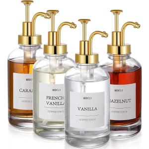 MHDCLY Coffee Bar Accessories, Coffee Syrup Dispenser  4pack,16.9oz Syrup Dispenser with Labels,Syrup Pump Dispenser for Coffee Bar(Gold Pump)