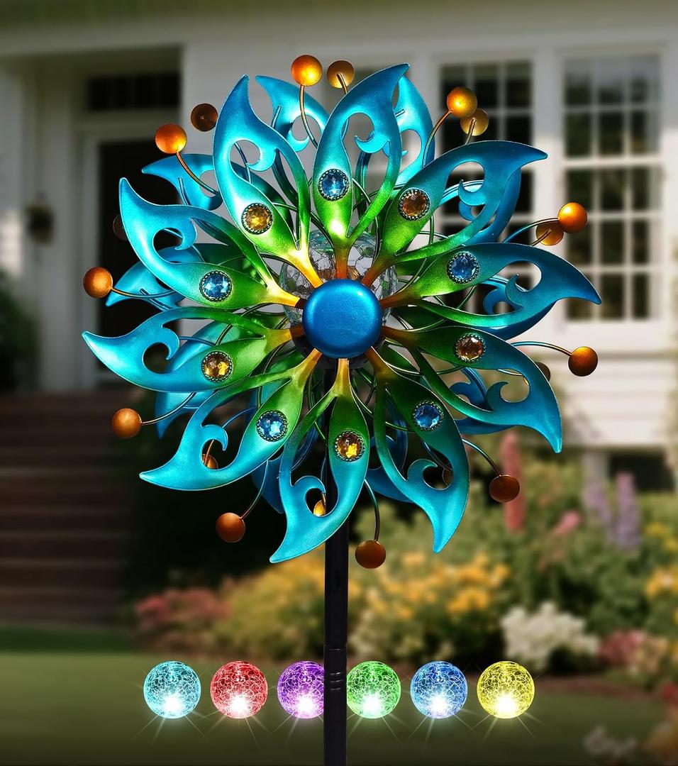 Solar Wind Spinners Outdoor H63xW13 Metal Kinetic Garden Spinner with Crackle Glass Ball & Built-in Solar Panel Peacock-Style Yard Wind Sculpture with LED Light
