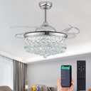 36" Crystal Ceiling Fan with Light and RemoteDimmable Fandelier with Invisible Retractable Blades, Modern Chandelier Ceiling Fans with Lights for Bedroom Living Room 6 Speed Chrome