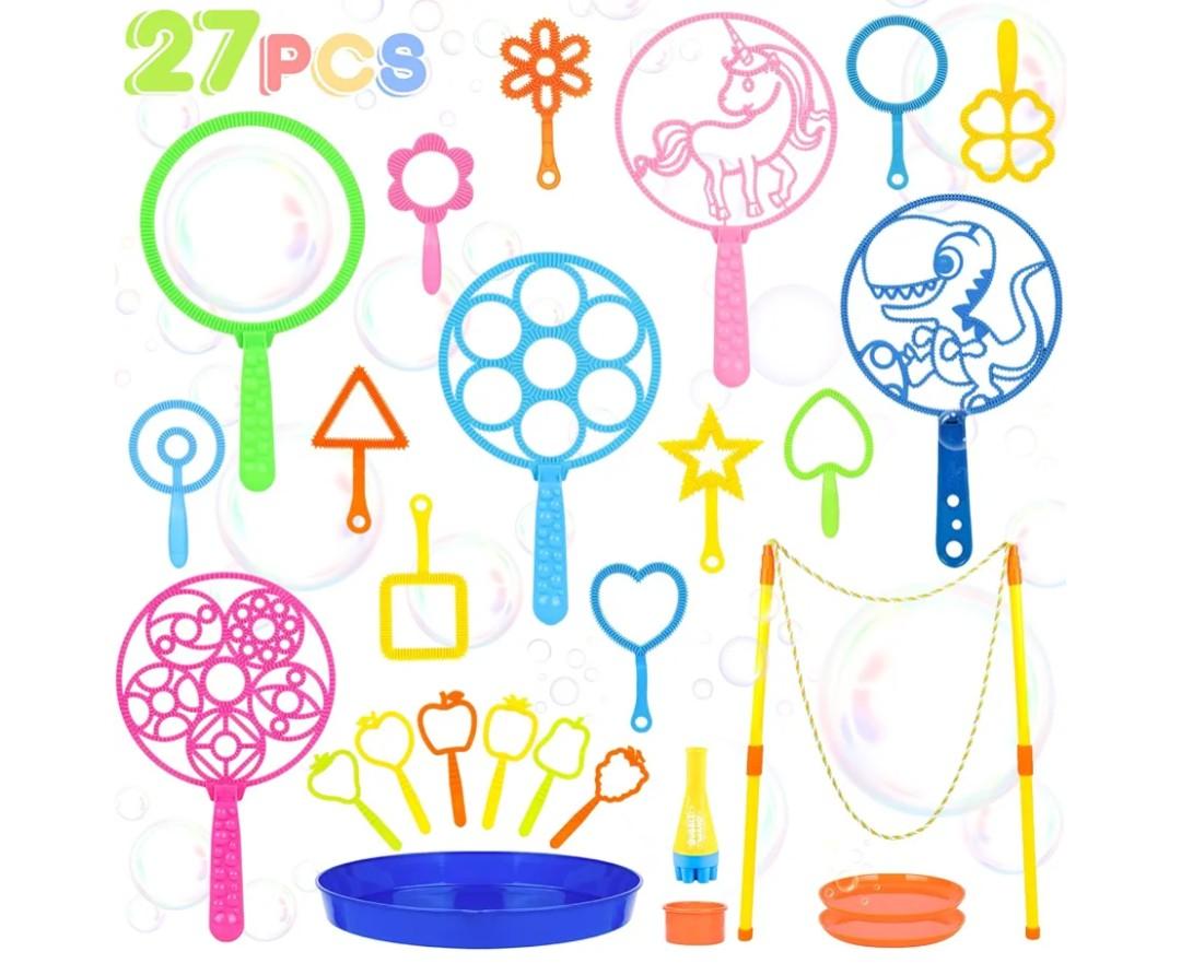 27 Pcs Big Bubble Wands Toys Set, Giant Bubble Wands with Tray for Kids Summer Outdoor Toys Bubbles Party Favors Bubbles Maker Bulk for Kids Toddlers Boys Girls Age 3 4 5 6 7 8+