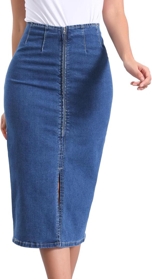 Allegra K Casual Denim Skirt for Women's Front Slit Zipper High Waist Bodycon Midi Jean Skirt, S