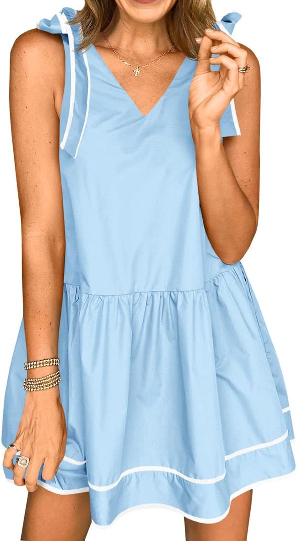 Wenrine Womens Summer V Neck Mini Dress Tie Shoulder Sleeveless Contrast Loose Casual Beach Dresses (Blue)