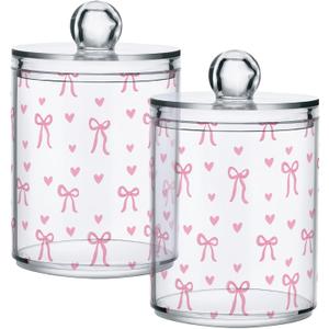 Gredecor 2 Pack Qtip Holder Clear Aesthetic Pink Ribbon Bow Apothecary Jars with Lids Acrylic Bathroom Jars Vanity Countertop Canister Storage Organizer for Cotton Ball,Swabs,Pads,Floss