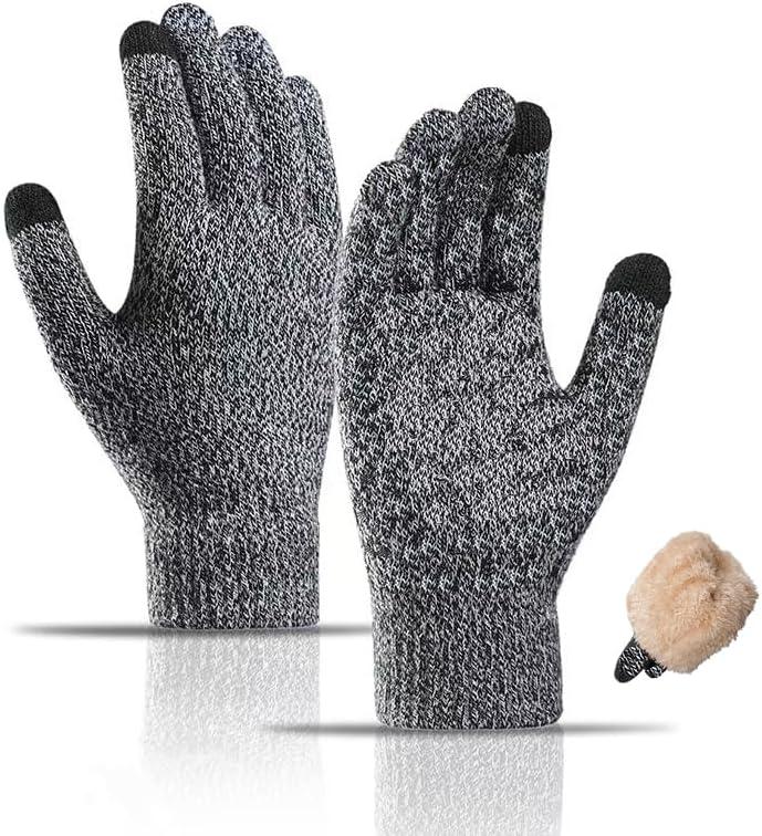 Wool Winter Gloves Men Women Fleece lined Knit Touch Screen Warm Thermal Snow Driving Cycling Gloves Cold Weather (Gray)