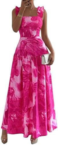 BTFBM Dresses for Women Summer 2026 Formal Long Wedding Guest Dress | Square Neck, Ruffle Straps,Smocked,Pockets,Floral,Maxi,Homecoming Dresses,Cocktail,Prom,Beach Vacation Clothes Size L