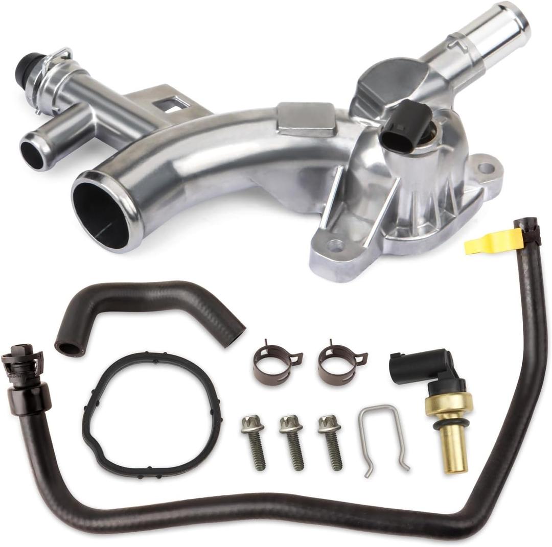 MITZONE Upgraded Aluminum Coolant Housing Water Outlet Compatible with 2011-2020 Chevrolet Cruze Sonic Trax Volt Buick Encore 1.4L with Inlet Hose and Oil Cooler Hose Replace 25193922 902-846