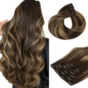 Human Hair Clip in Hair Extensions, Balayage Chocolate Brown Mixed Caramel Blonde