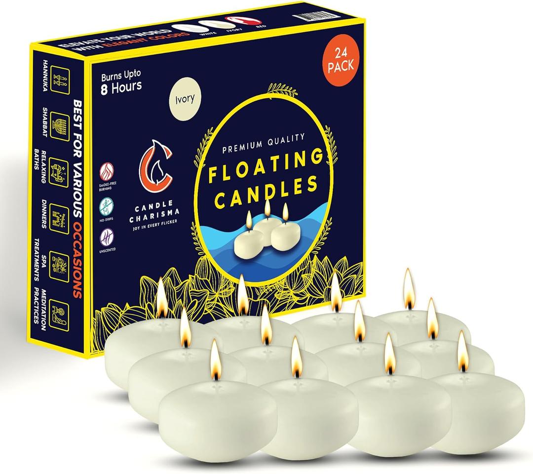 Candle Charisma Ivory Floating Candles 3 Inch (Set of 24)  8-Hour Dripless, Smokeless Burn with Natural Flickering Flame  Perfect for Weddings, Centerpieces, Pool Nights & Special Events