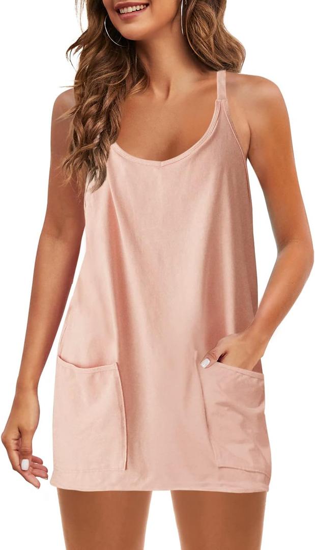 Panadila Womens Summer Sleeveless Mini Dress V Neck Spaghetti Strap Sundress Athletic Short Dress with Pockets (Medium, Coral)
