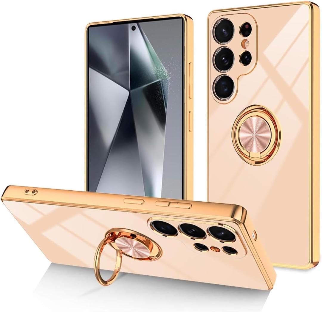 Dinick for Samsung Galaxy S25 Ultra Case with Ring Holder Kickstand, Soft TPU Gold Plated Cover, Anti-Scratch Shockproof Protection, Slim Magnetic Stand Case for Samsung Galaxy S25 Ultra, Pink