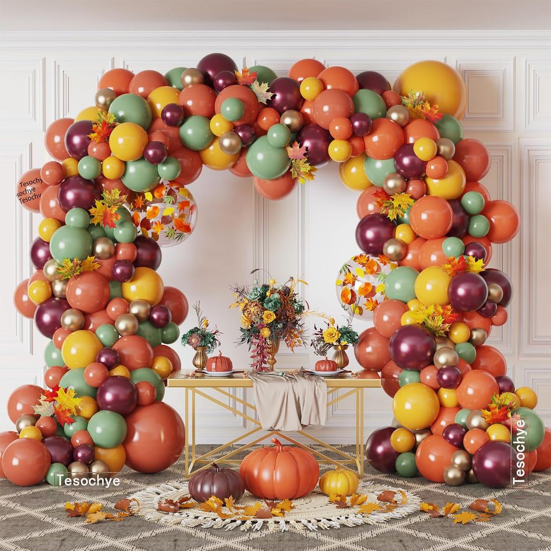 182 Pcs Fall Balloon Garland Arch Kit, Burnt Orange Red Sage Green Mustard Yellow Metallic Gold Balloons Garland Kit for Thanksgiving Autumn Fall Birthday Baby Shower Party Decorations