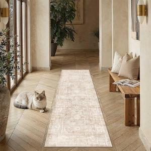 2x12 Beige Washable Runner Rug for Kitchen Hallway Neutral Soft Non Slip Rug Low Pile Vintage Distressed Carpet for Bathroom Bedroom Indoor Nursery