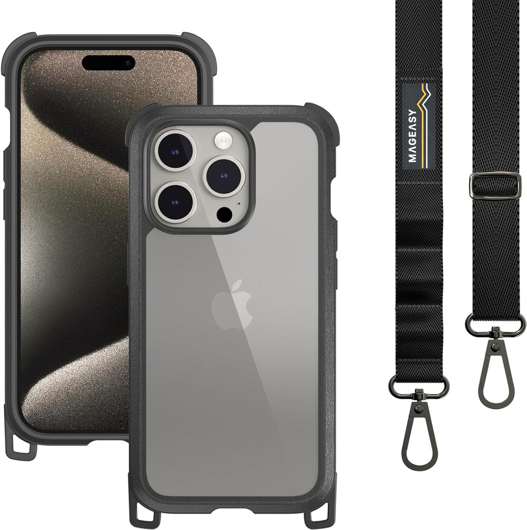 MAGEASY Case with Strap for Phone 15 Pro - Heavy Duty 16ft Drop Protection, Premium 6.1" Crossbody Case with Lanyard for Around The Neck - Odyssey + Strap | Embedded Leather Frame (for Phone 15 Pro 6.1", Leather Black)