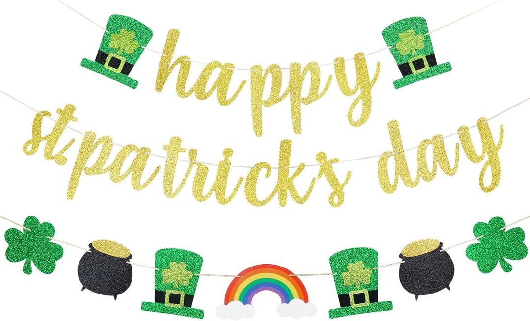3 x Happy St Patricks Day Banner Gold Glitter Saint Patricks Day Shamrock Clover Garland Banner Decorations for Happy Saint Patrick's Day Banner Decorations