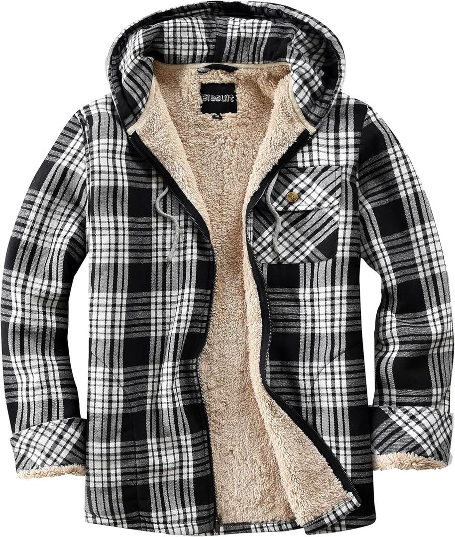 Elesuit Women's Full Zip Fleece Flannel Jacket Plaid Hooded Jackets Sherpa Lind Hoodies for Women (Large, Black)