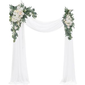 Floroom Arch Flowers with Drapes Kit (Pack of 4) - 2pcs Artificial Ivory & White Floral Swag Arrangement with 2pcs Draping Fabric for Wedding Ceremony Arbor and Reception Backdrop Decoration