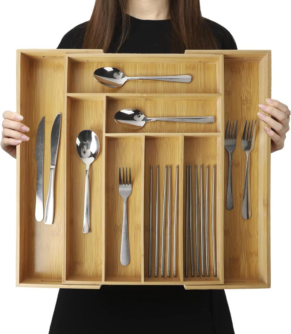 Expandable Bamboo Drawer Organizer  Large 20"x16.9" Size with Adjustable Dividers  for Kitchen Utensils, Knives, Cutlery, Flatware & Silverware Storage Tray