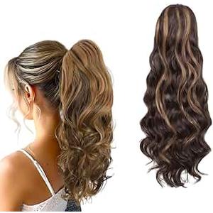 Sidaila 18" Clip in Ponytail Claw Clip Ponytail Hair Extension Ponytail Wig Curly Pony Tails Hair Extensions Wavy Synthetic Fake Ponytail Hairpiece for Women - Honey Blonde Mixed Light Brown