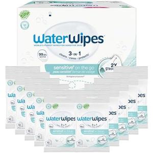 WaterWipes Sensitive+ On The Go Wipes, 3-In-1 Cleans, Cares, Protects, 99.9% Water, Unscented & Hypoallergenic Wet Wipes, 80 Count (8 Packs)