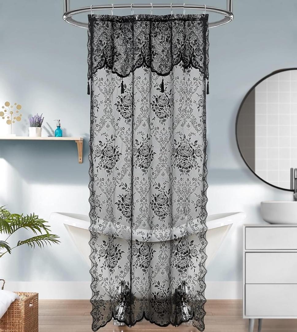 Warm Home Designs Black Stall Shower Curtain 36 x 72 Inches with Attached Valance & 4 Tassels. Luxury Lace Small Shower Curtain for The Bathroom or RV Shower Curtain. LA Black 36"