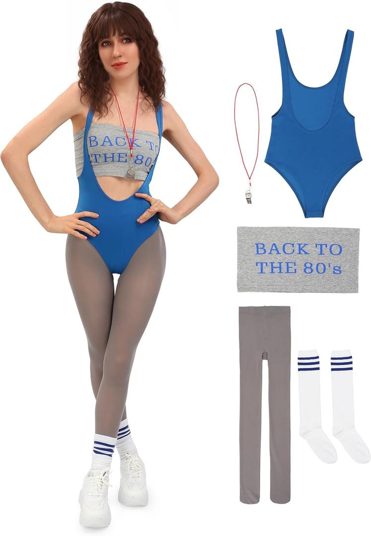 DAZCOS Lisa Cosplay Costume Women US Size Retro 80s Workout Outfit with Tight Pants Striped Socks (Small)