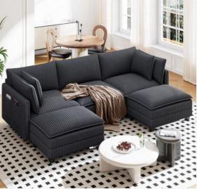 Vesgantti 109" U Shaped Cloud Sectional Sofa, Comfy Corduroy Upholstered Sectional Modular Sofas for Living Room, Modern Modular Couch with 2 Ottoman Deep Seat, Dark Grey