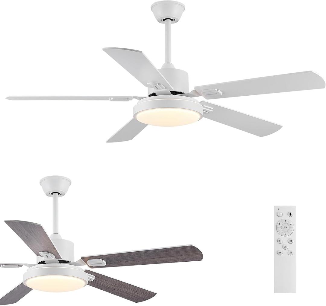 52" White Ceiling Fans with Light and Remote Control, Modern Ceiling Fan with Lights, 3 Blade White Indoor Bedroom Living Room Ceiling Fan