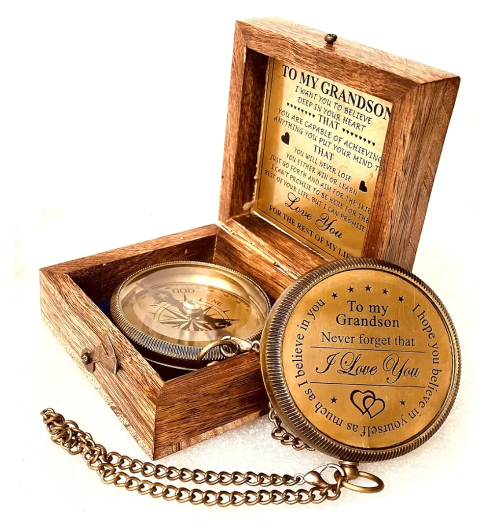 Gift for Grandson Brass Compass Engraved Quote | Memory Present to My Grandson Birthday, Baptism, Graduation, Confirmation, Love, Gift idea by Grandpa Grandma