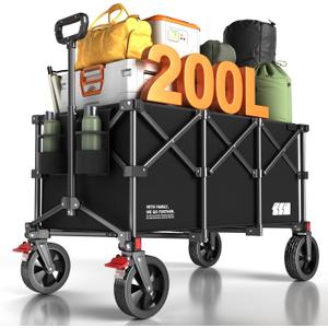 200L Collapsible Foldable Wagon, Large Heavy Duty Wagon Cart with 440lbs Weight Capacity, Folding Utility Wagon with Brake for Camping, Garden, Sports, Picnic, Shopping (Black)