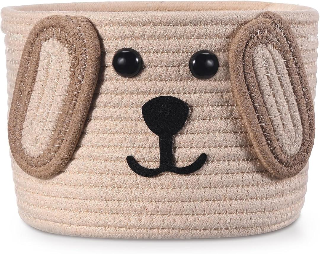 Zopeal Dog Woven Basket, 7.9" D x 6" H Cotton Rope Toy Storage Organizer, Dog Mom Gift Empty, Cute Laundry Puppy Gift Animal Basket for Clothes, Towels, Toy, Laundry, Bathroom, Home(Khaki, Beige)