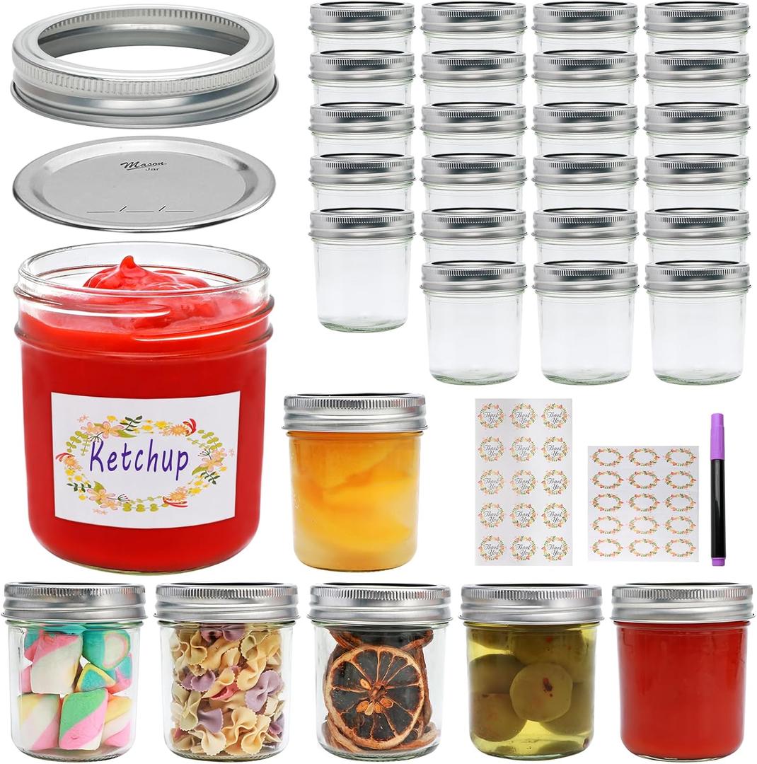 Mason Jars Herb Canister, 6 OZ Glass Mason Jar with Regular Lids and Metal Divider, Rustic Country Style Storage Container for Bathroom, Kitchen, Living Room, Office,Set of 30