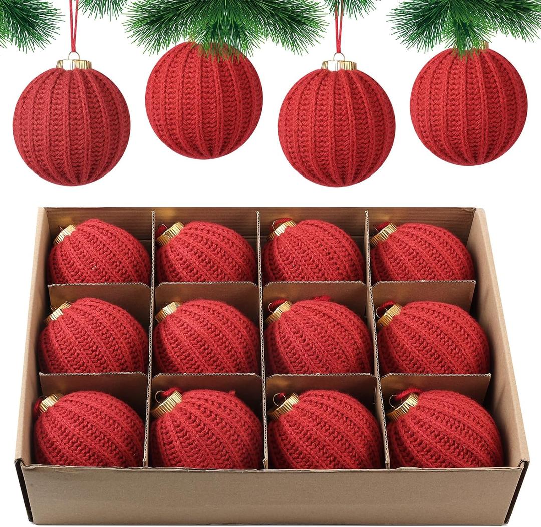12 Pack Crochet Christmas Ball Ornaments Christmas Knitted Tree decorr - Earthy Tones & Festive Colors for Xmas Tree Decorating (Red, 3.15inch)