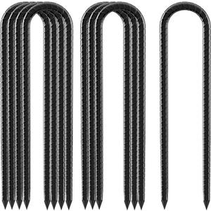 12inch Rebar Stakes, 8 Pack U Hook Ground Anchors, Heavy Duty Rust Proof Coated Steel Ground Stakes Ground Anchors, Garden Stake Metal Stake Tent Stake Trampoline Anchors Trampoline (Black)