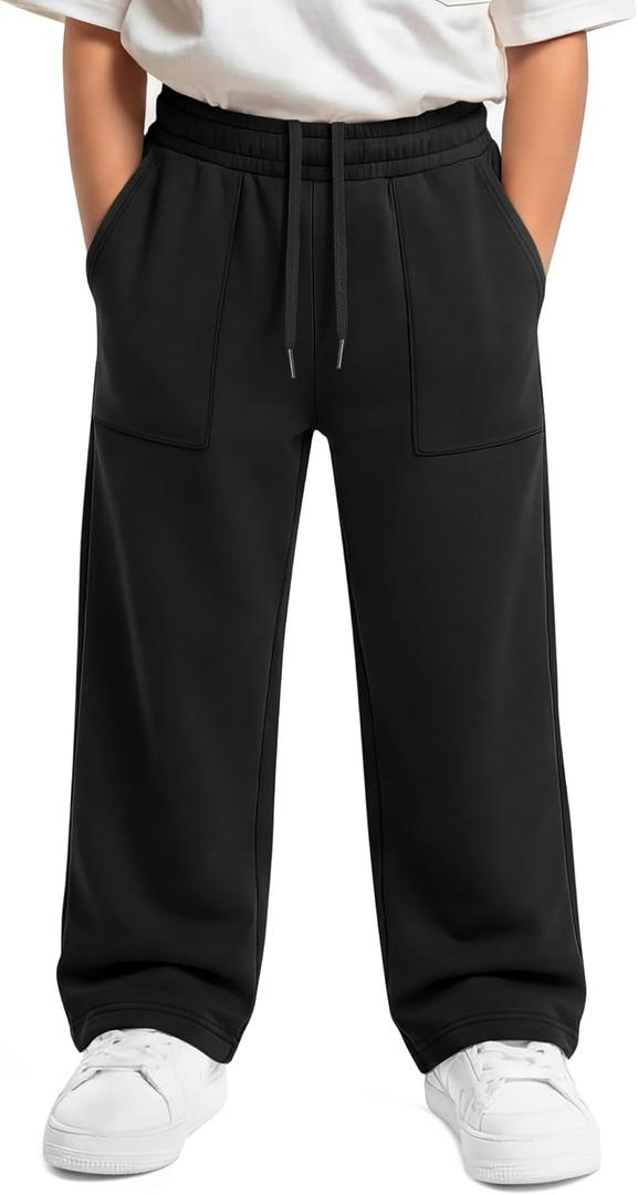 Boys Baggy Sweatpants Teens Straight Leg Open Bottom Pants Spring Lightweight Drawstring Trousers with Pockets (12-13 Years, Black)