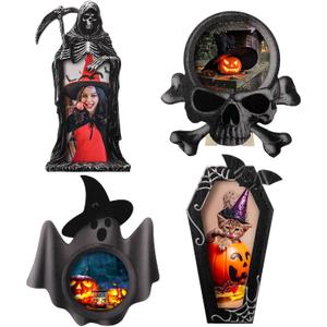Leinuosen 4 Pcs Halloween Picture Frame Bulks Spooky Wooden Photo Frame Craft Ghost Skeleton Bat Coffin Grim Reaper Tabletop Home Halloween Gothic Decor Gifts