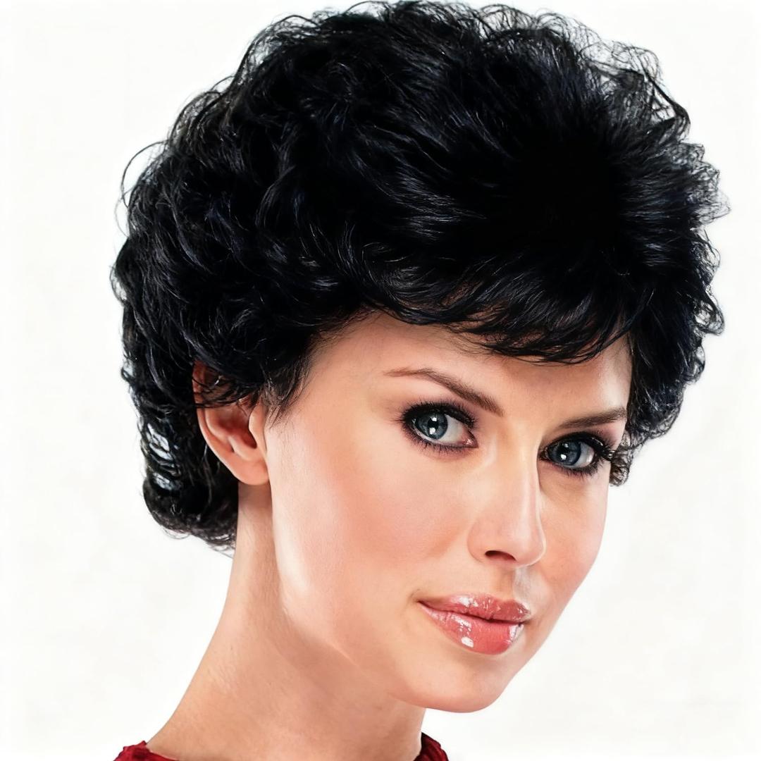Baruisi Short Fluffy Black Wigs for Women Natural Looking Synthetic Short Curly Cosplay Hair Wig