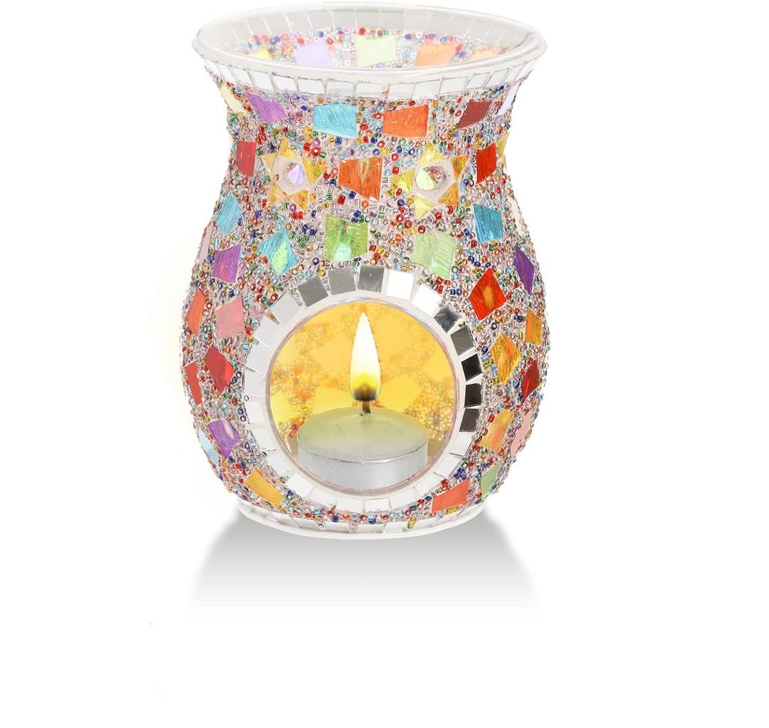 Lyellfe 1 Pack Essential Oil Burner, Fragrance Oil Warmer, Decorative Tealight Candle Holder, Incense Aromatherapy Oil Diffuser, Scented Wax Warmer for Gift Home Table Decor, Mosaic Glass