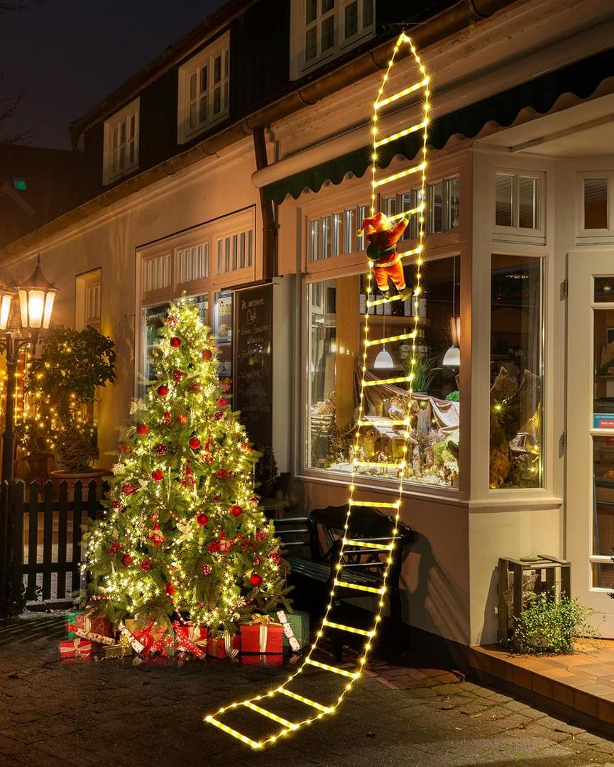 Christmas Decorations LED Ladder Lights with Climbing Santa Claus, 10ft Outdoor Christmas Decorative Lights - 8 Modes Xmas Lights Tree for Home Holiday Wall Window Xmas Decor (Warm White)